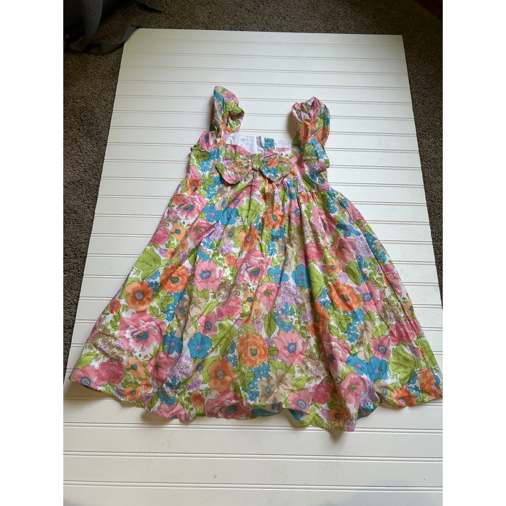 Janie and Jack Girls Floral Bow Front Cotton Dress Size 12 Multi Color SPR2